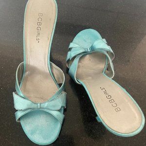 BCBG  Slides Metallic Blue with Bow 4" Heels Size 9